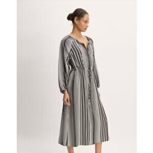 Everlane SZ L The Tencel Gathered Maxi Dress Striped Bone Black NWT